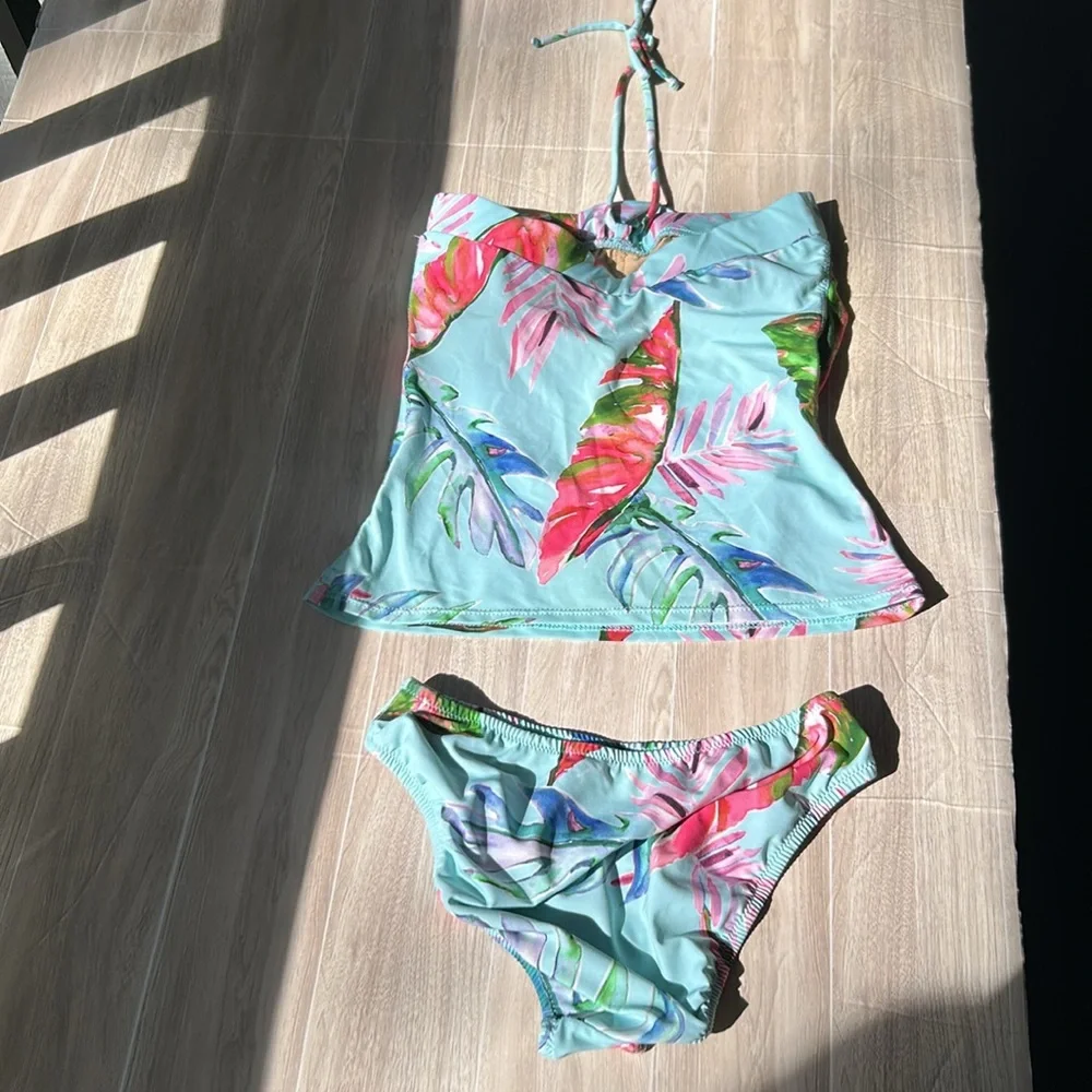 Tara Grinna Floral Leaf Tankini Set - Blue and Pink size 4